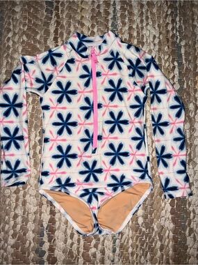 Crewcuts White Long-Sleeve Rashguard Swimsuit with Navy & Pink Floral Pattern
